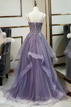 Purple Tulle Layers Long Formal Gown Lace Applique Party Dresses A Line Floor Length Formal Prom Dresses