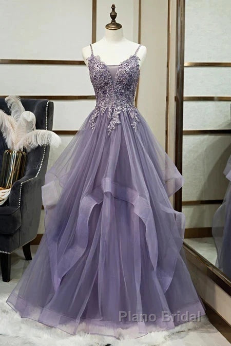 Purple Tulle Layers Long Formal Gown Lace Applique Party Dresses A Line Floor Length Formal Prom Dresses