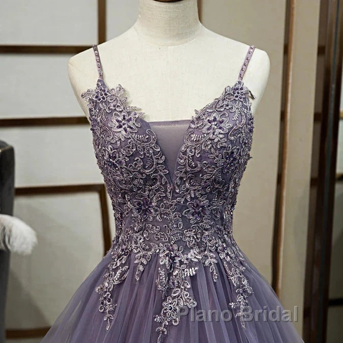 Purple Tulle Layers Long Formal Gown Lace Applique Party Dresses A Line Floor Length Formal Prom Dresses