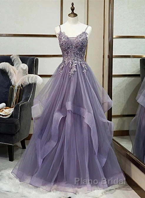 Purple Tulle Layers Long Formal Gown Lace Applique Party Dresses A Line Floor Length Formal Prom Dresses