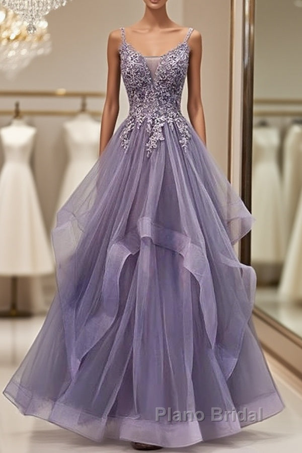 Purple Tulle Layers Long Formal Gown Lace Applique Party Dresses A Line Floor Length Formal Prom Dresses Main image