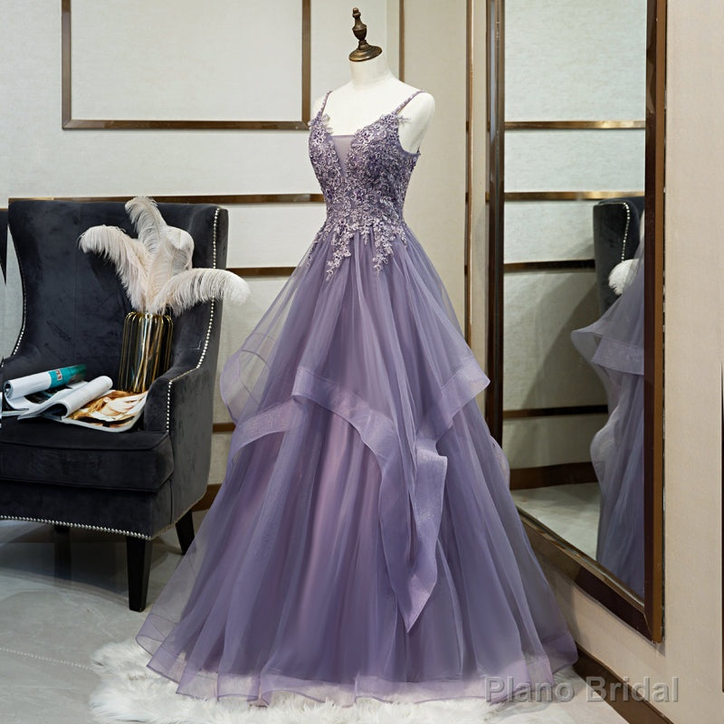 Purple Tulle Layers Long Formal Gown, Lace Applique Top Party Dress Main image