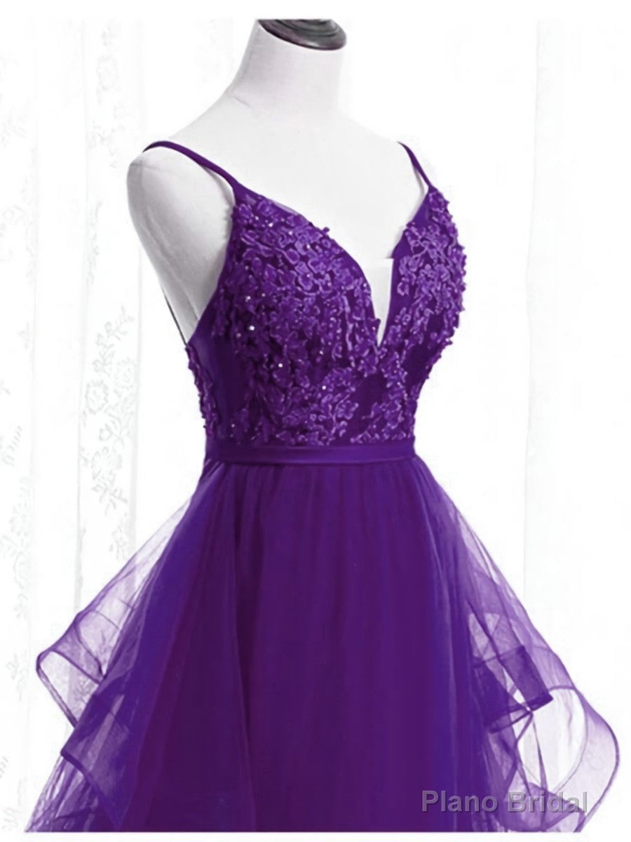 Purple Tulle Layers with Lace Long Evening Dresses, Purple Prom Dress Party Dresses