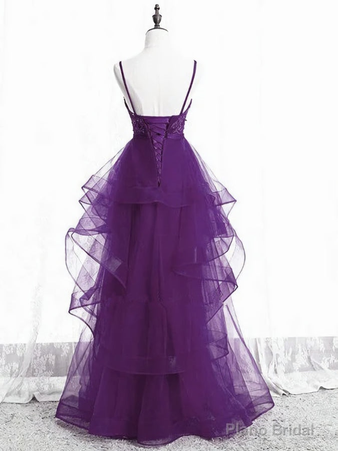 Purple Tulle Layers with Lace Long Evening Dresses, Purple Prom Dress Party Dresses Secondary image