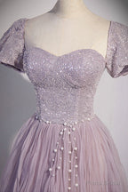 Purple Tulle Long A-Line Prom Dress, Purple Short Sleeve Evening Party Dress