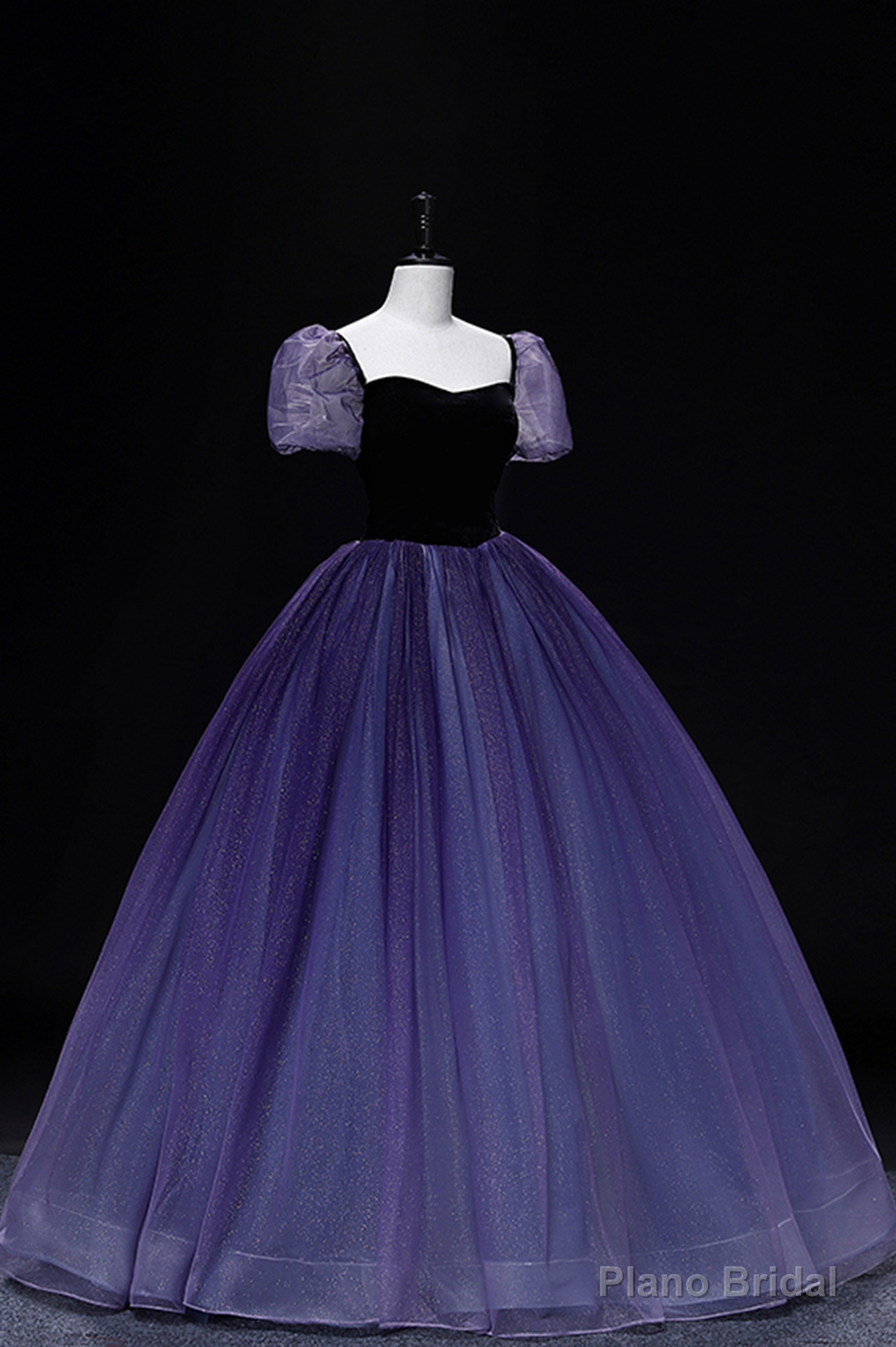 Purple Tulle Long A-Line Prom Dress, Purple Short Sleeve Princess Dress Secondary image