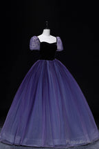 Purple Tulle Long A-Line Prom Dress, Purple Short Sleeve Princess Dress
