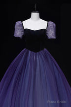 Purple Tulle Long A-Line Prom Dress, Purple Short Sleeve Princess Dress