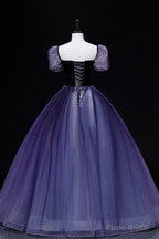 Purple Tulle Long A-Line Prom Dress, Purple Short Sleeve Princess Dress