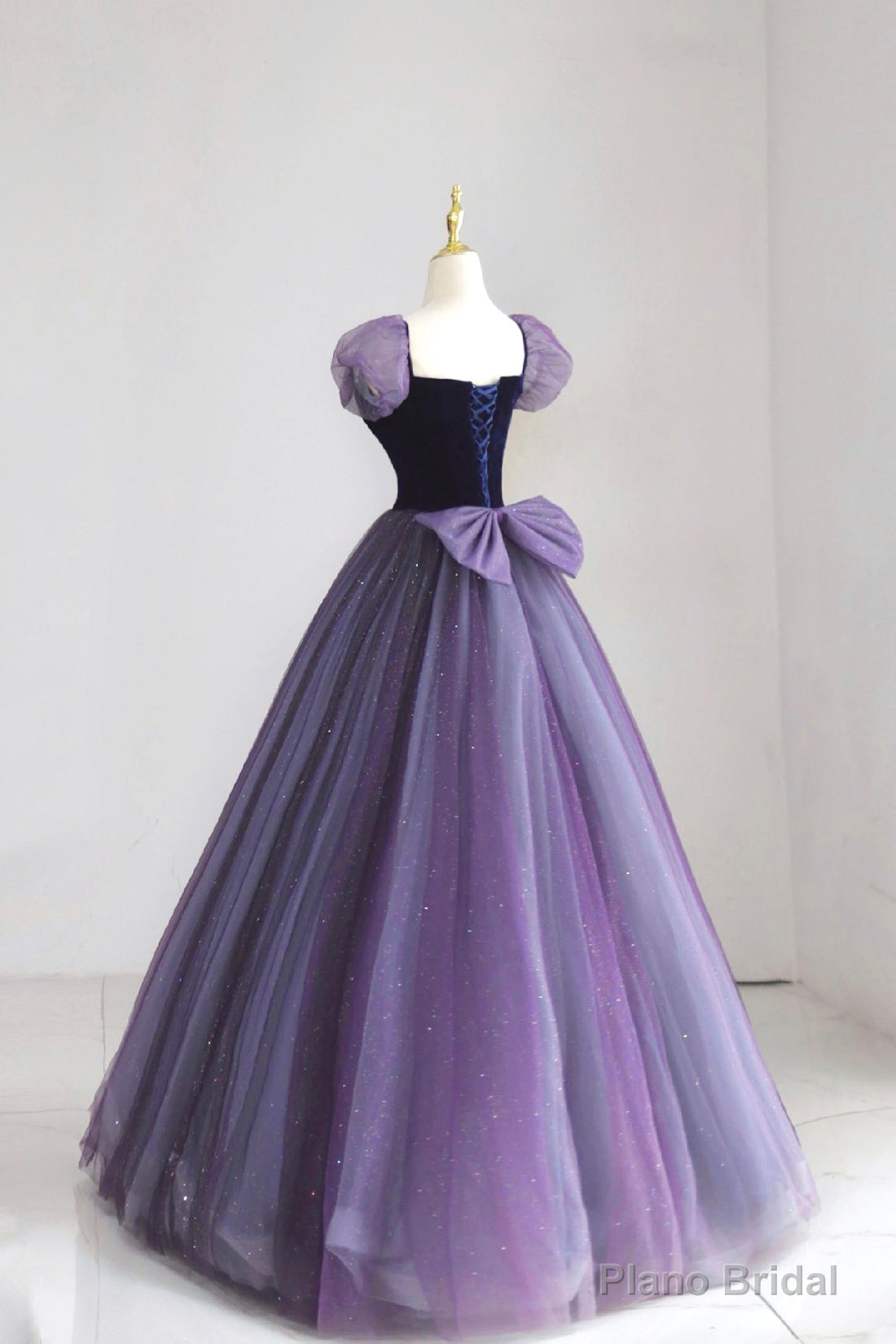 Purple Tulle Long Prom Dress with Velvet, Cute A-Line Short Sleeve Evening Dress