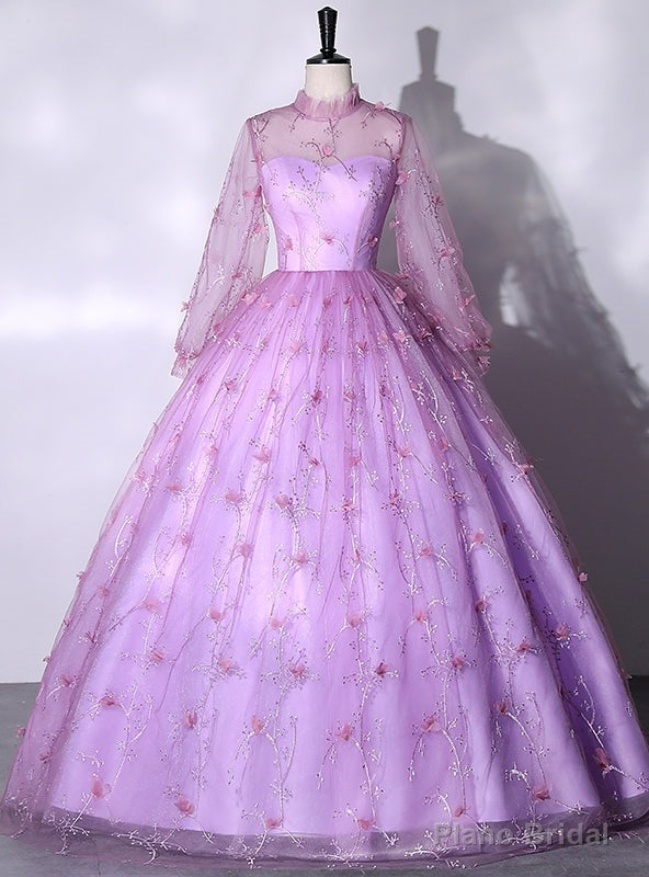 Purple Tulle Long Sleeve 3D Flower Quinceanera Dress Main image