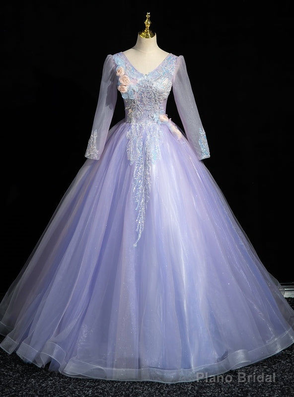 Purple Tulle Long Sleeve V-neck Sequins Quinceanera Dress