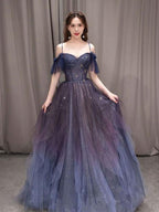 Purple Tulle Off Shoulder A-Line Long Formal Prom Dresses, Purple Formal Evening Dresses