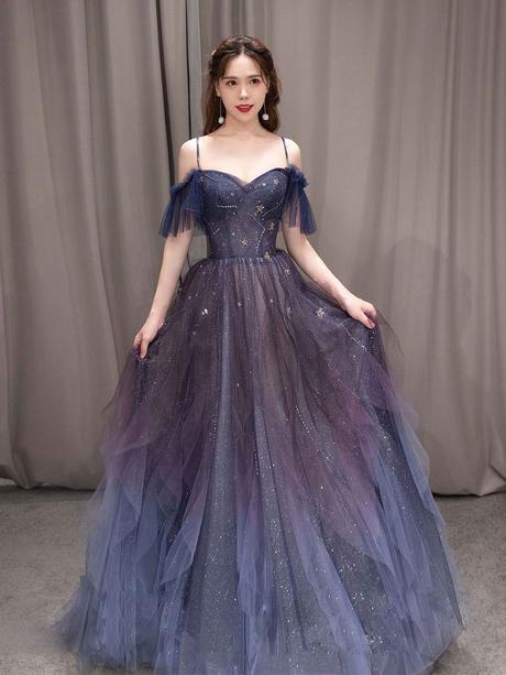 Purple Tulle Off Shoulder A-Line Long Formal Prom Dresses, Purple Formal Evening Dresses