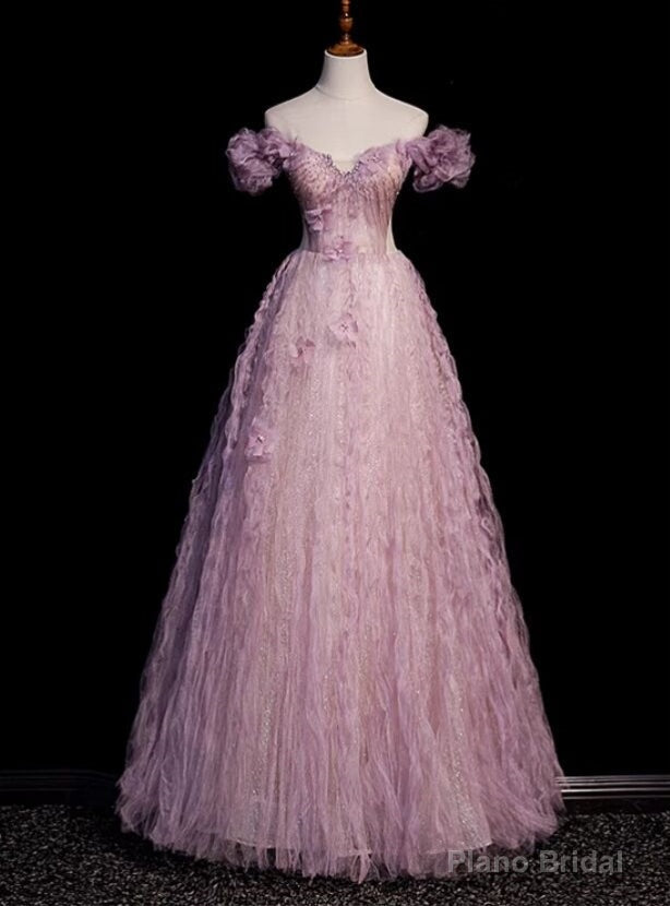 Purple Tulle Off the Shoulder Beading Flower Prom Dress Main image