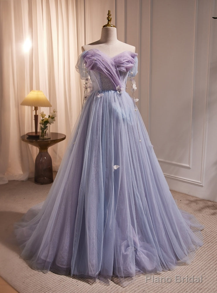 Purple Tulle Off the Shoulder Pearls Prom Dress Main image