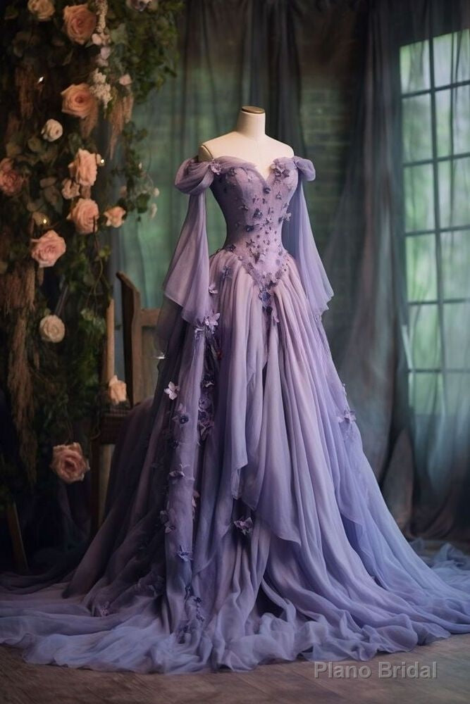 Purple Tulle Prom Dress One Shoulder Fairy Long Sleeve 3D Floral Appliques Evening Dress Main image