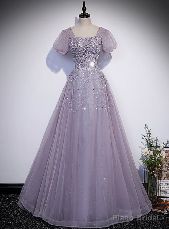 Purple Tulle Puff Sleeve Square Beading Sequins Prom Dress Main image