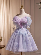 Purple Tulle Puffy Short Formal Prom Dresses, Cute Purple Homecoming Dresses