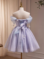 Purple Tulle Puffy Short Formal Prom Dresses, Cute Purple Homecoming Dresses