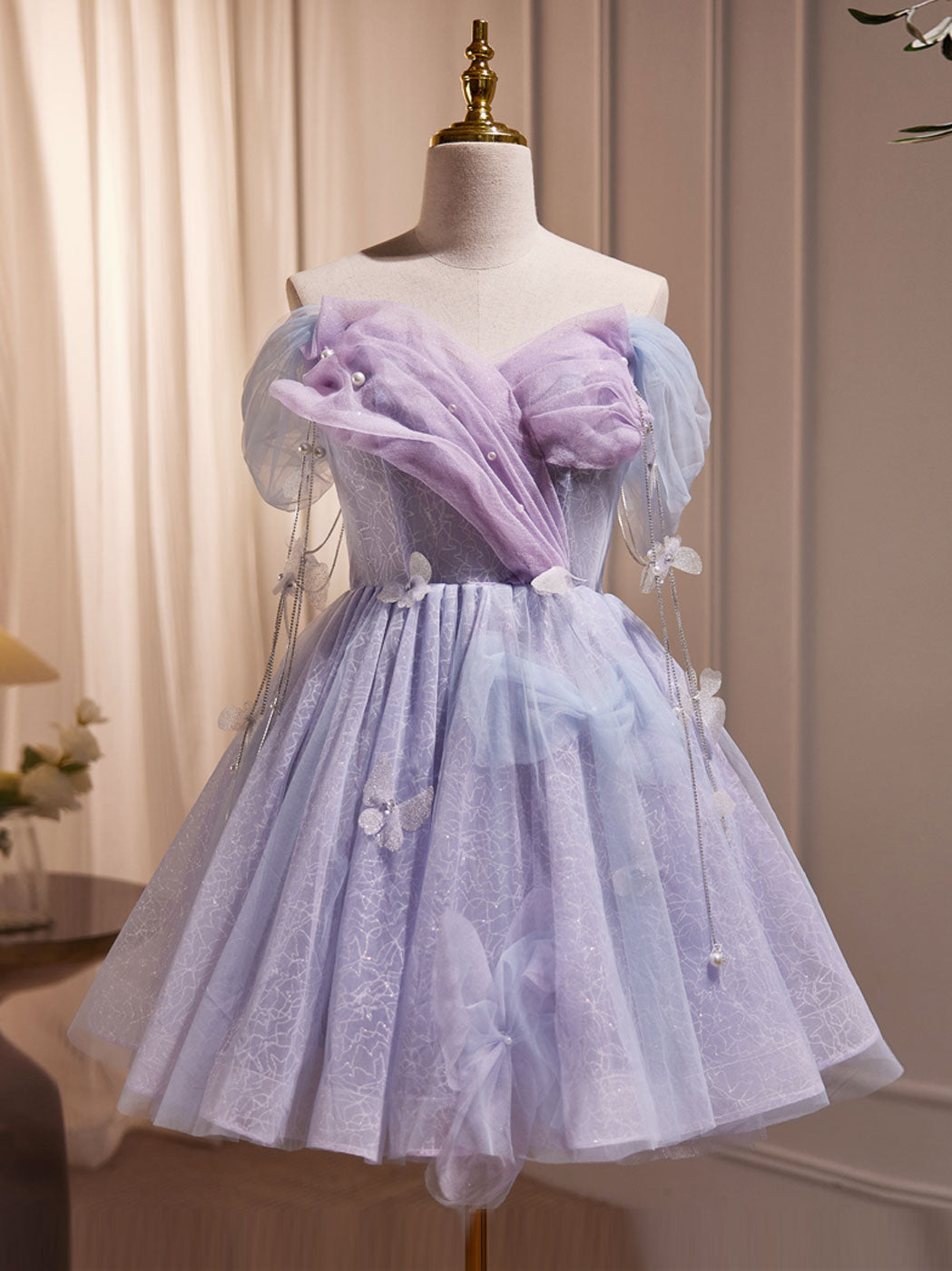 Purple Tulle Puffy Short Formal Prom Dresses, Cute Purple Homecoming Dresses Main image