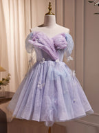 Purple Tulle Puffy Short Formal Prom Dresses, Cute Purple Homecoming Dresses