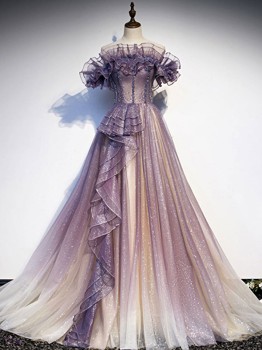 Purple Tulle Sequin Long Formal Prom Dresses Purple Prom Dresses Main image