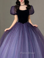 Purple Tulle Sequin Long Formal Prom Dresses, Purple Evening Dresses