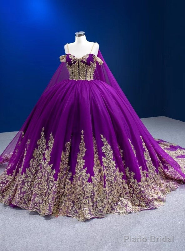 Purple Tulle Sequins Appliques Spaghetti Straps Pearls Prom Dress Main image