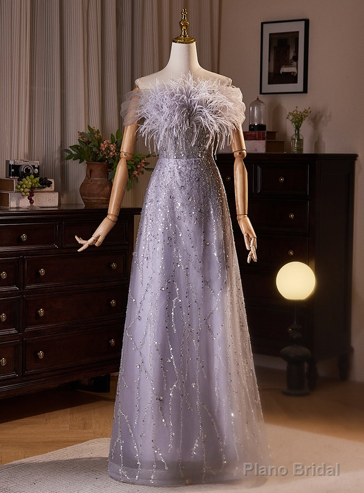 Purple Tulle Sequins Feather Prom Dress Main image