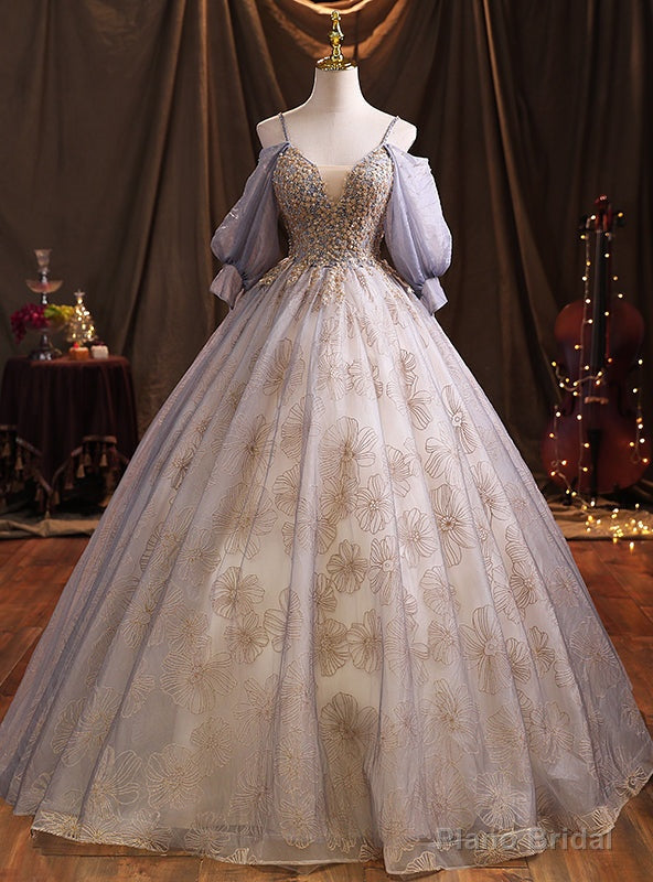 Purple Tulle Sequins Straps Puff Sleeve Quinceanera Dresses Main image