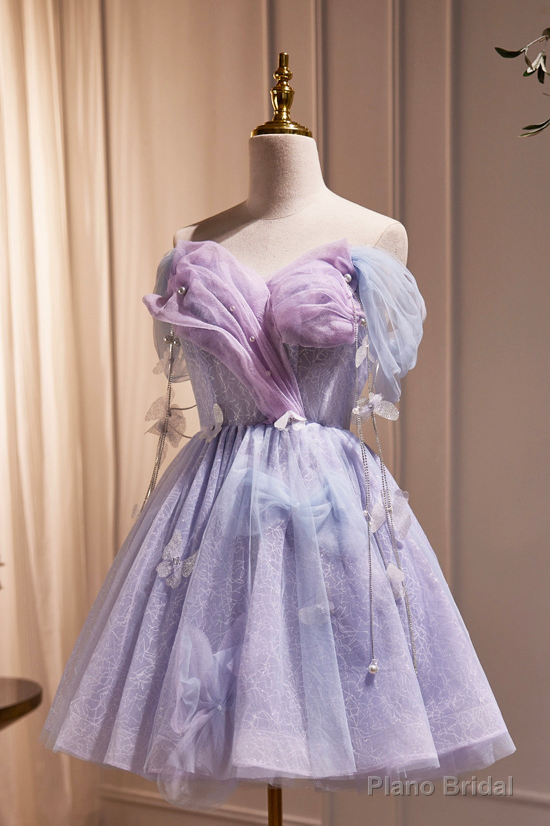 Purple Tulle Short Party Dress, Cute A-Line Off Shoulder Prom Dress Main image