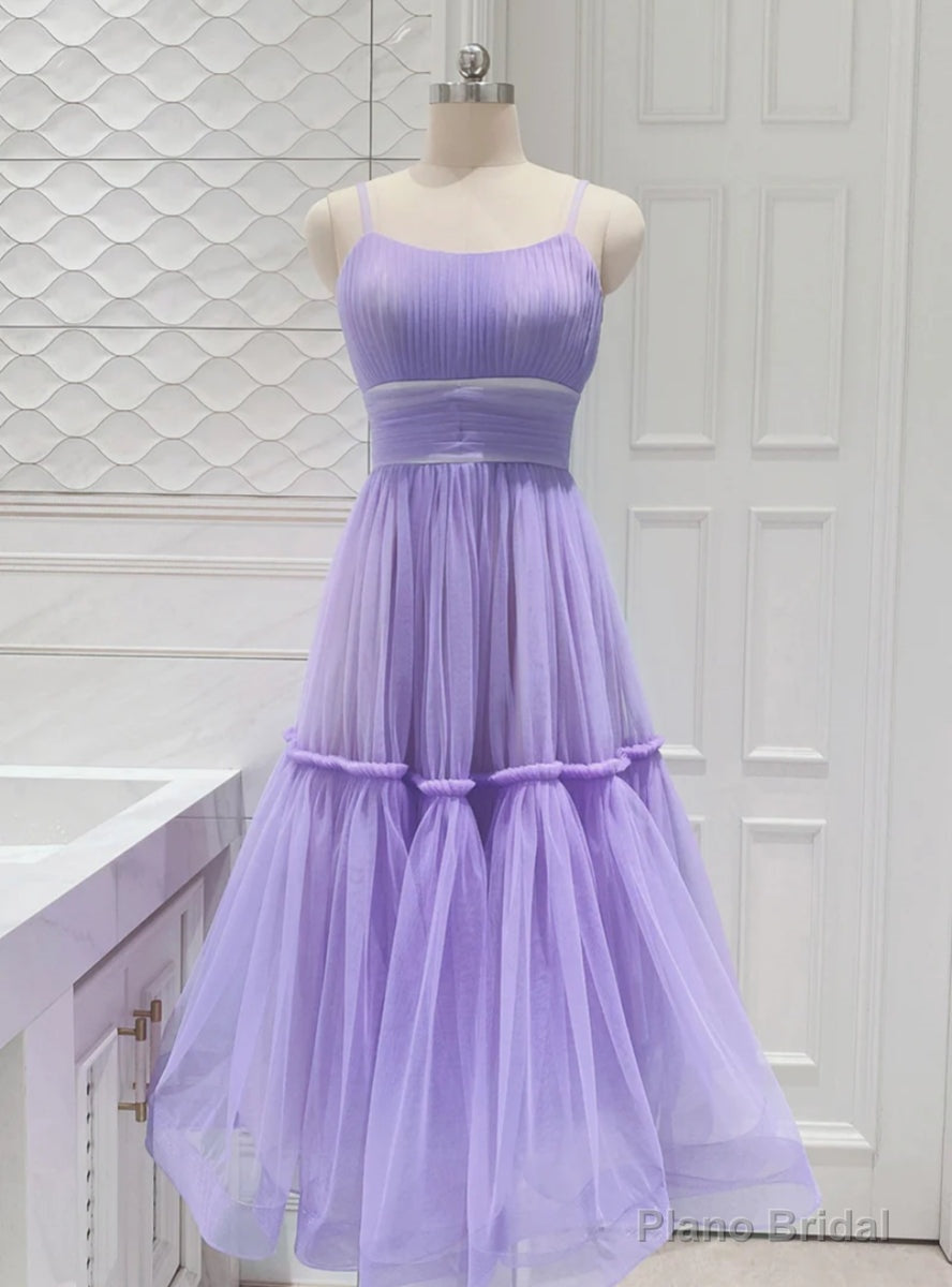 Purple Tulle Spaghetti Straps Pleat Prom Dress Main image