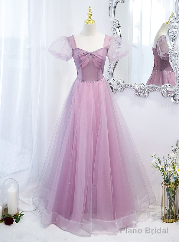 Purple Tulle Square Puff Sleeve Prom Dress