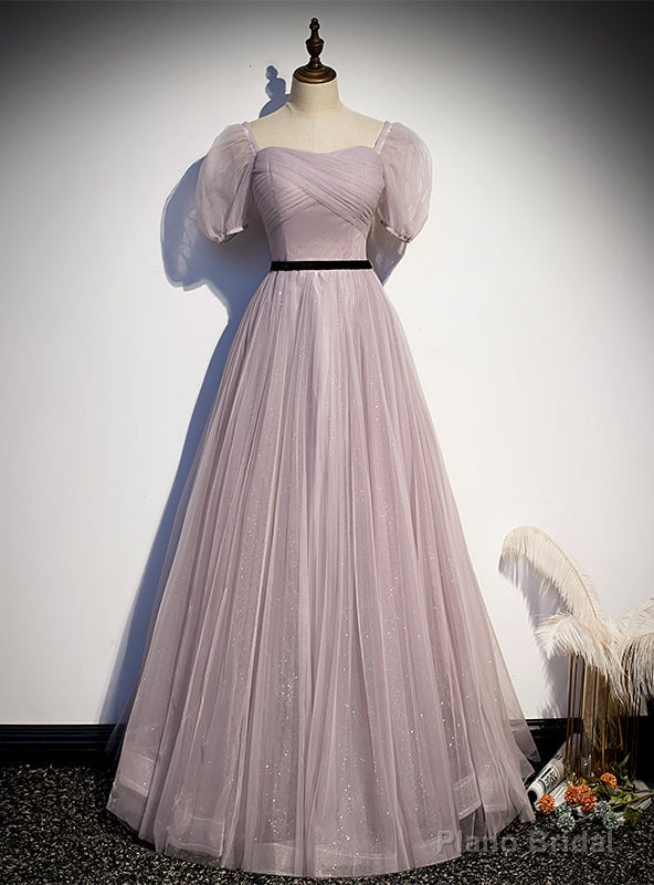 Purple Tulle Square Short Sleeve Pleats Prom Dress Main image