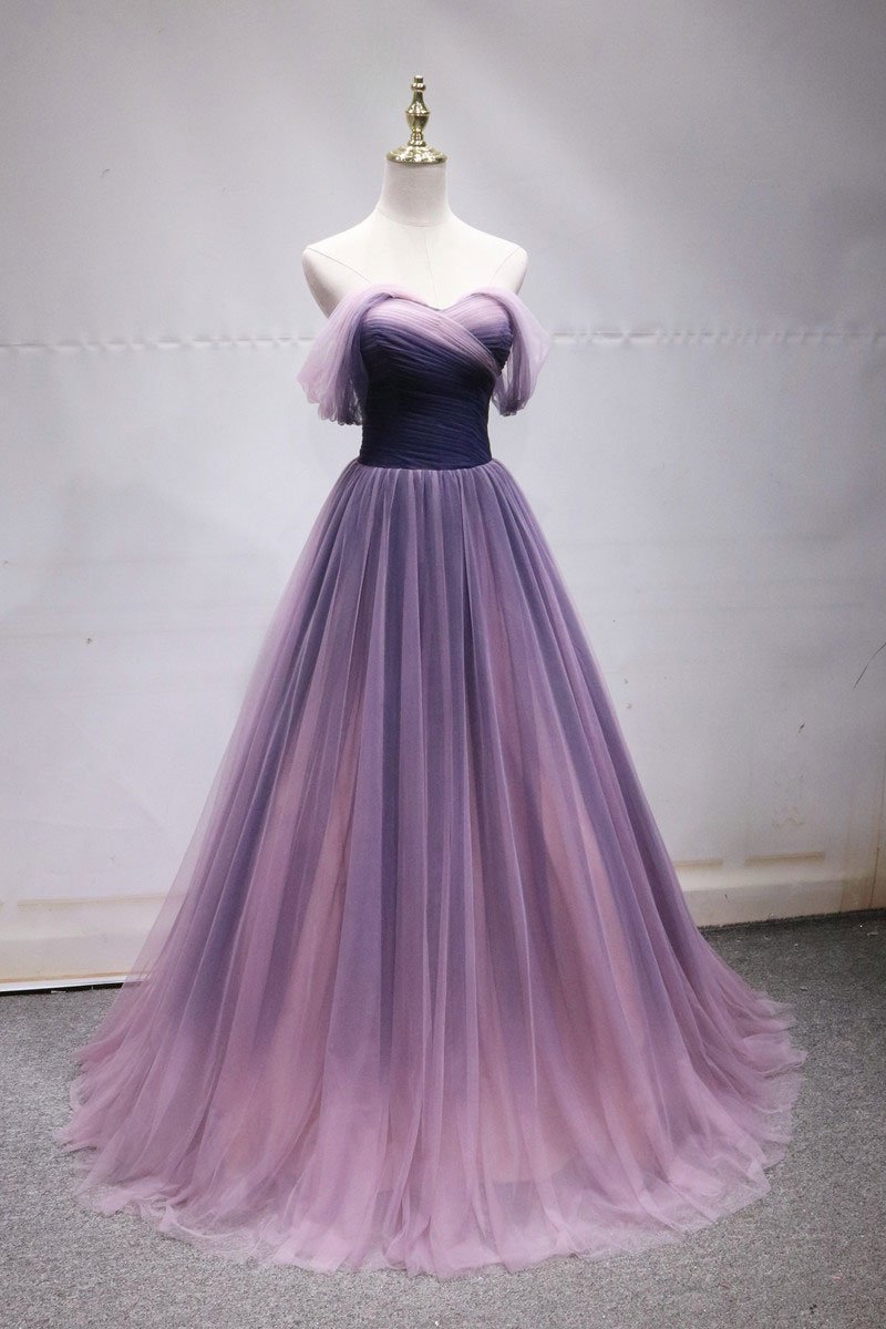 Purple Tulle Sweetheart Gradient Off Shoulder Long Party Dresses, A-Line Tulle Formal Prom Dresses Party Dresses