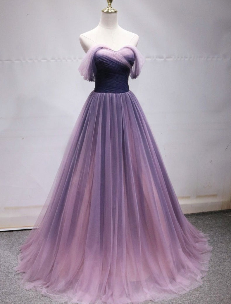 Purple Tulle Sweetheart Gradient Off Shoulder Long Party Dresses, A-Line Tulle Formal Prom Dresses Party Dresses Main image