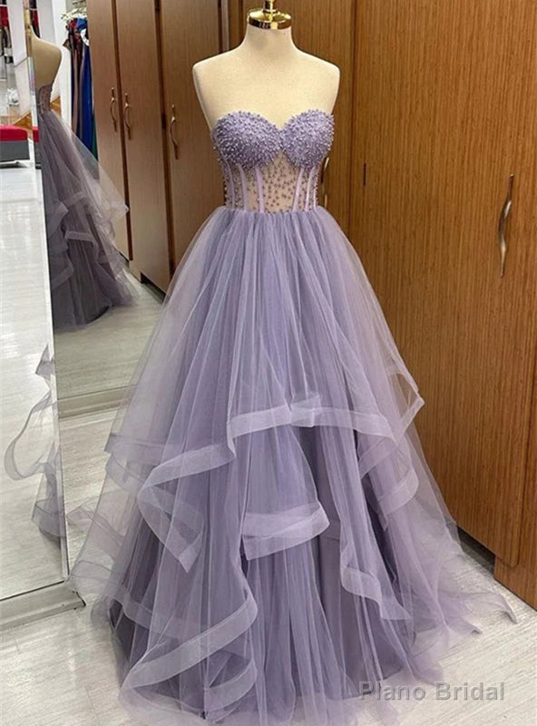 Purple Tulle Sweetheart Pearls Prom Dress Main image