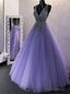 Purple Tulle V-neck Beading Prom Dress