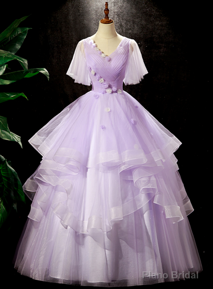 Purple Tulle V-neck Pleats Quinceanera Dress Main image