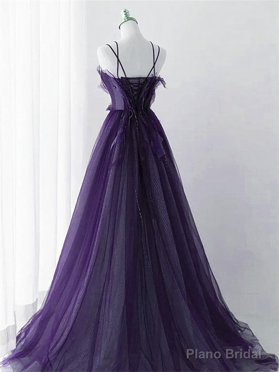Purple Tulle with Lace Applique Long Prom Dress, Purple Long Formal Dress Secondary image