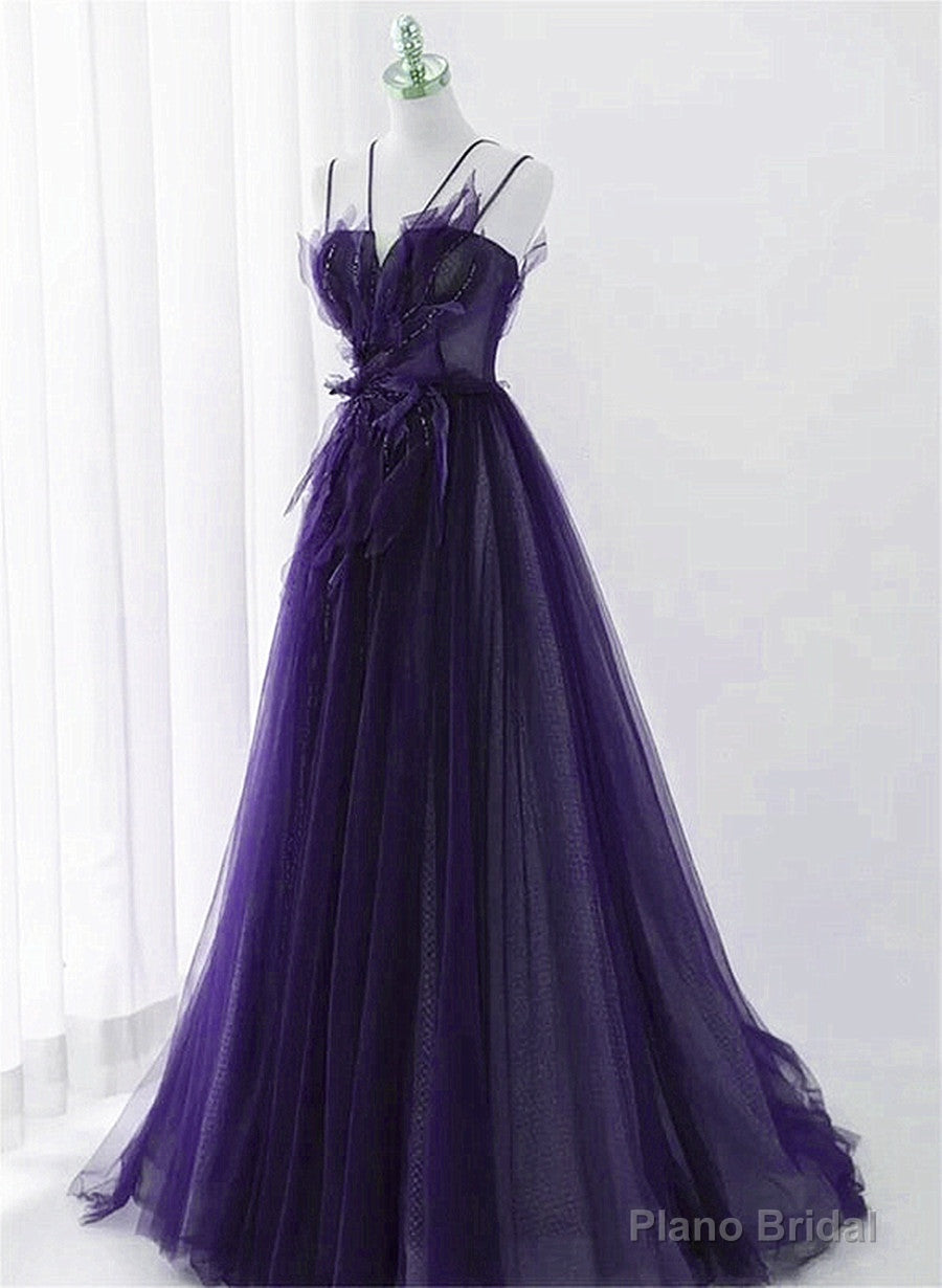 Purple Tulle with Lace Applique Long Prom Dress, Purple Long Formal Dress Main image