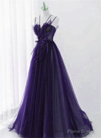 Purple Tulle with Lace Applique Long Prom Dress, Purple Long Formal Dress