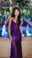 Purple V-Neck Appliques Lace Party Dresses With Side Slit