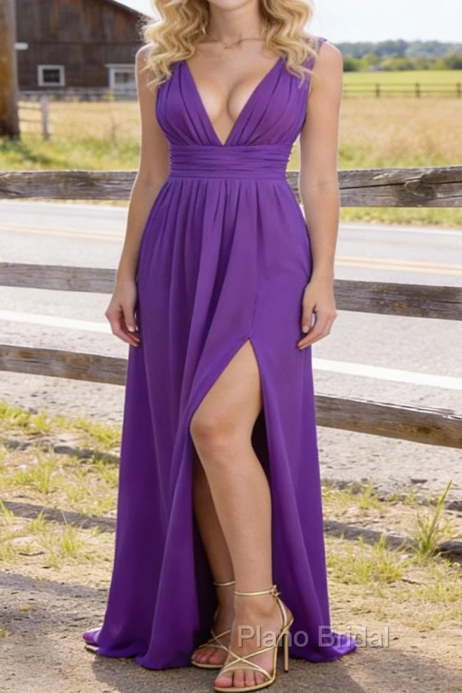 Purple V Neck Chiffon Floor Length Bridesmaid Dresses Long Bridesmaid Dress With Pleated Split