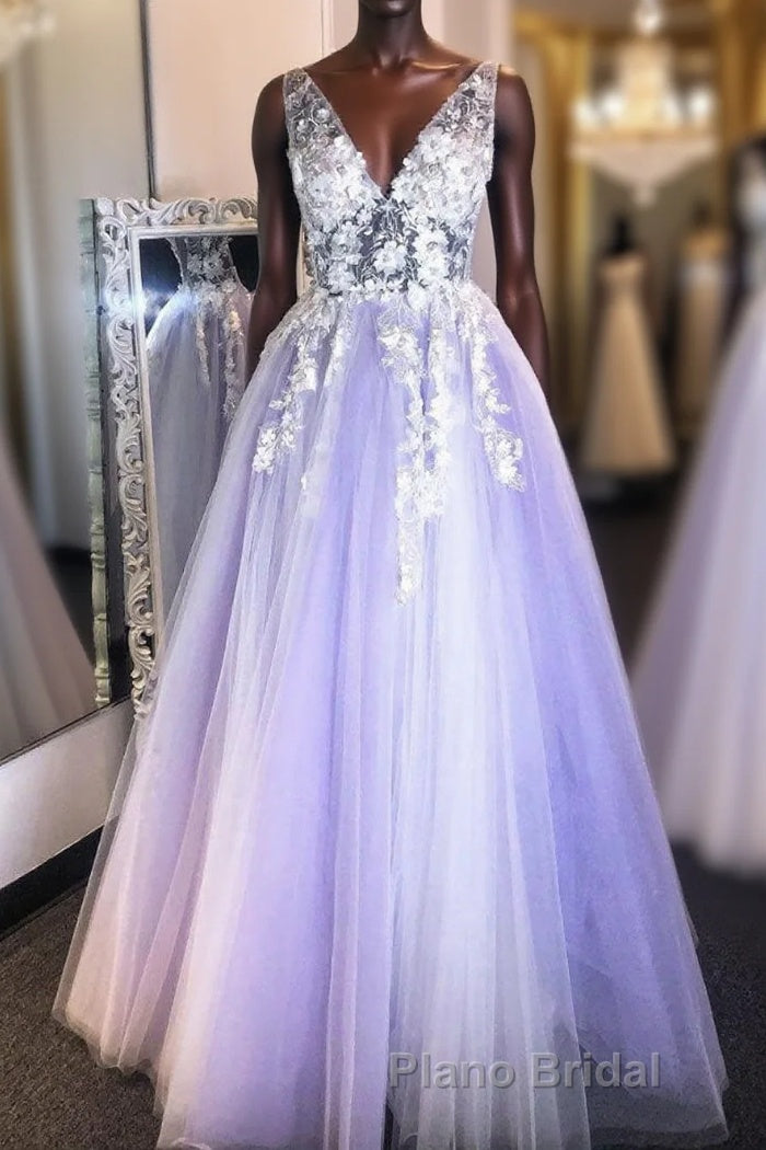 Purple v neck lace applique long Formal Prom dress purple formal dress