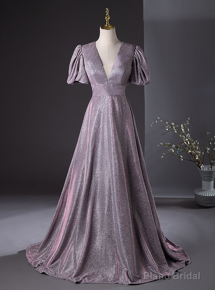 Purple V-neck Puff Sleeve Backless Prom Dress Main image