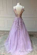 Purple v neck tulle lace long Formal Prom dress purple lace formal dress