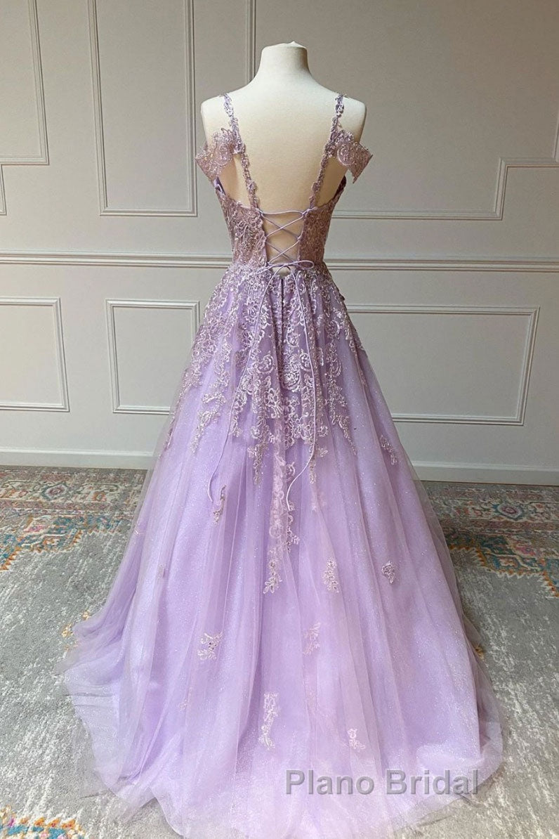 Purple v neck tulle lace long Formal Prom dress purple lace formal dress