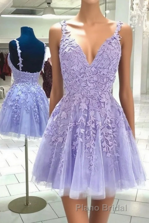 Purple v neck tulle lace short Formal Prom dress lace cocktail dress